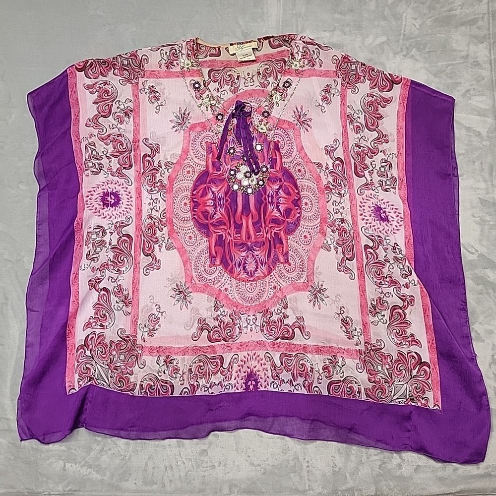 EY Signature Shirt Womens XL Purple Pink  Kaftan Sheer Beaded Medallion Boho